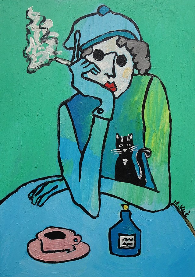 Obraz do salonu artysty Marlena Kuć pod tytułem dama z czarnym kotem