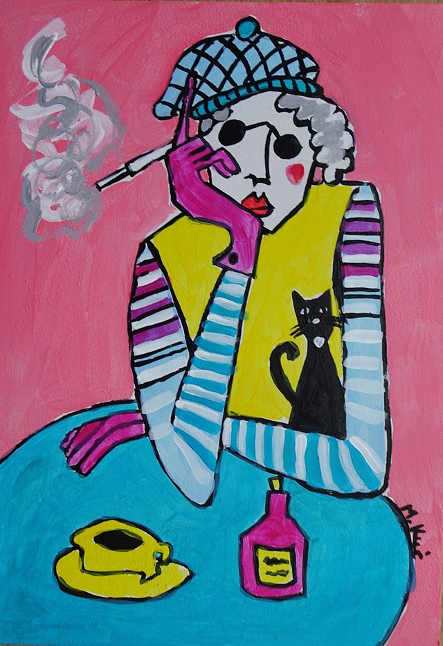 Obraz do salonu artysty Marlena Kuć pod tytułem babcia z kotkiem i papierosem