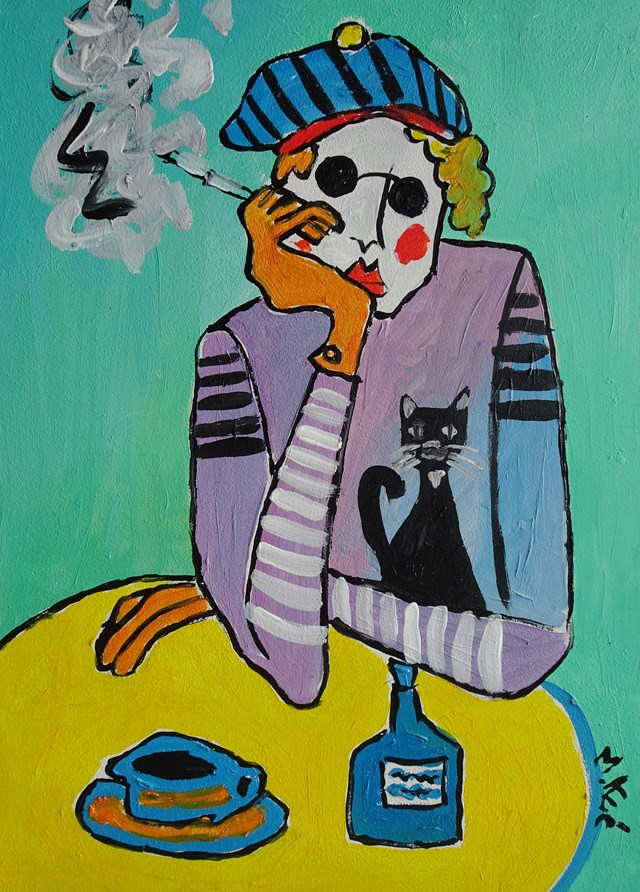 Obraz do salonu artysty Marlena Kuć pod tytułem kawka, papieros i kot