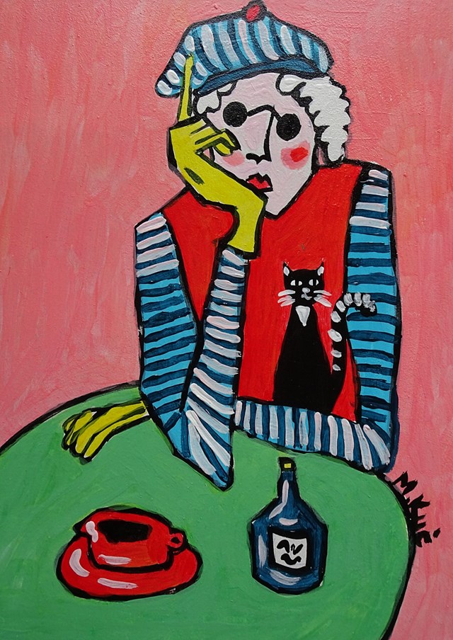 Obraz do salonu artysty Marlena Kuć pod tytułem babcia z czarnym kotkiem