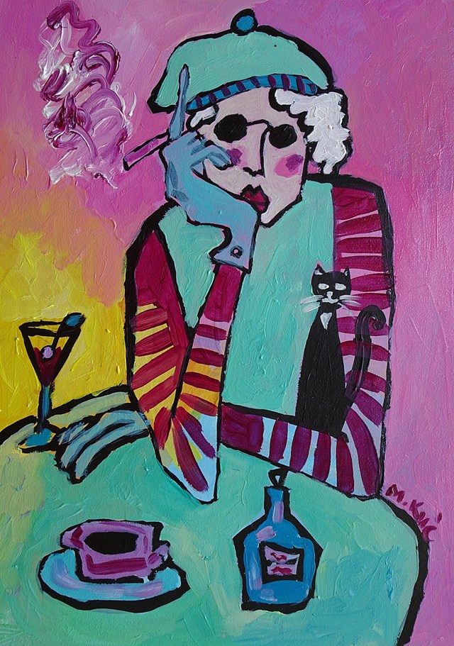 Living room painting by Marlena Kuć titled dama z papierosem 