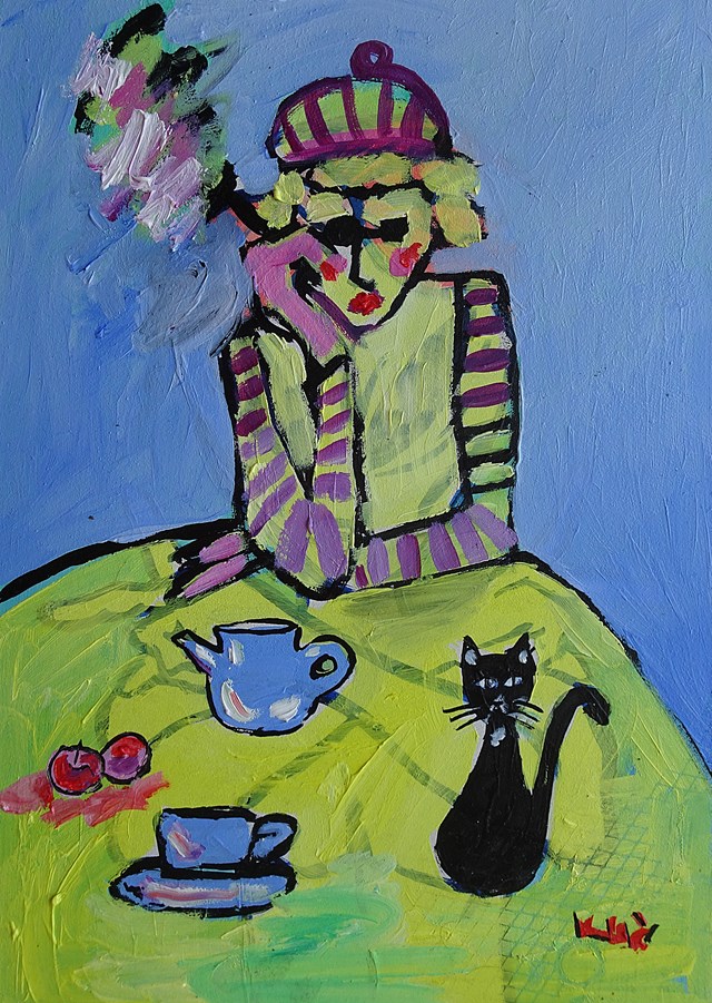 Living room painting by Marlena Kuć titled czarny kot