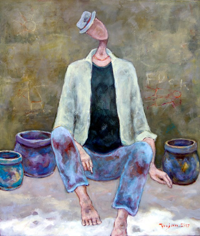 Living room painting by Henryk Trojan titled  Pot seller