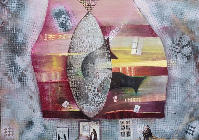 Living room painting by Elżbieta Grzybek titled Co słychać w domu