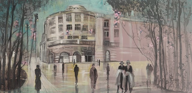 Obraz do salonu artysty Elżbieta Grzybek pod tytułem Hotelowi spacerowicze