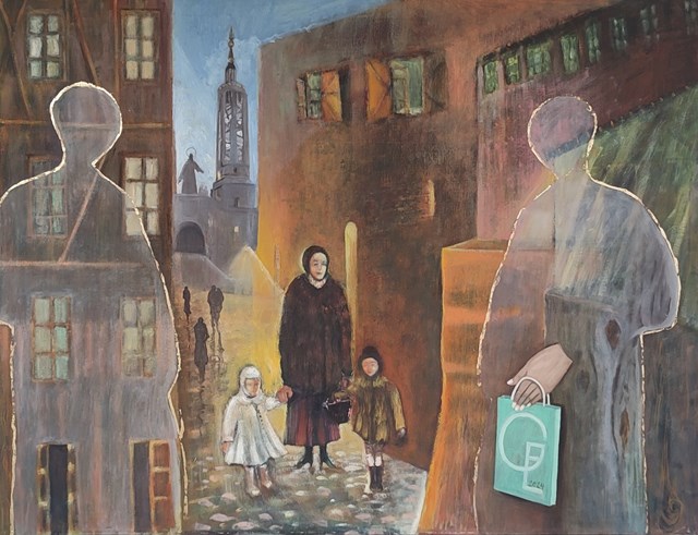 Living room painting by Elżbieta Grzybek titled Przeszłość spotyka przyszłość 