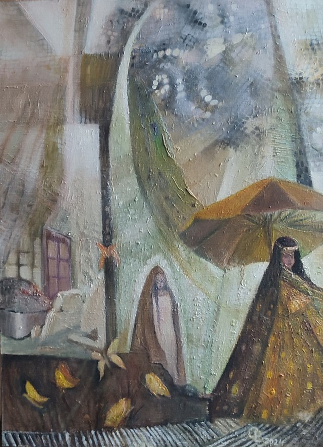 Living room painting by Elżbieta Grzybek titled Odwiedziny