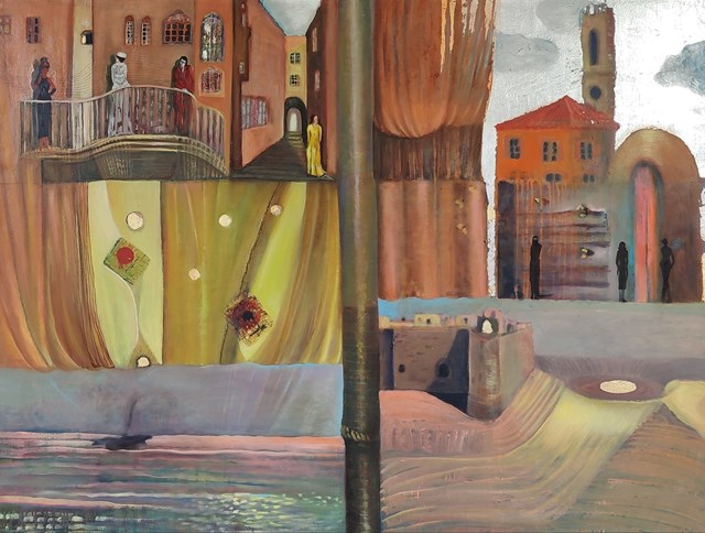 Living room painting by Elżbieta Grzybek titled Przeszłość spotyka przyszłość 