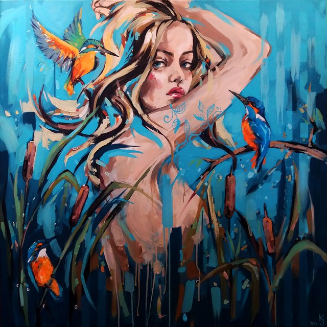 Living room painting by Kamila Jarecka titled Kingfishers 2