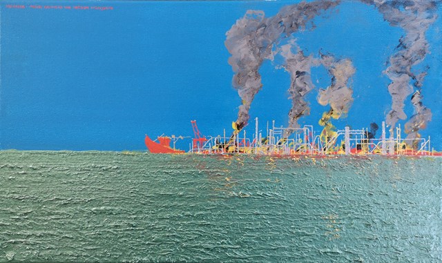 Obraz do salonu artysty Michał Mroczka pod tytułem Pożar rafinerii nad Morzem Kaspijskim