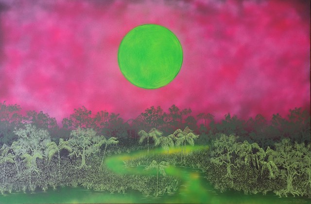 Living room painting by Michał Mroczka titled Green Sun Republic