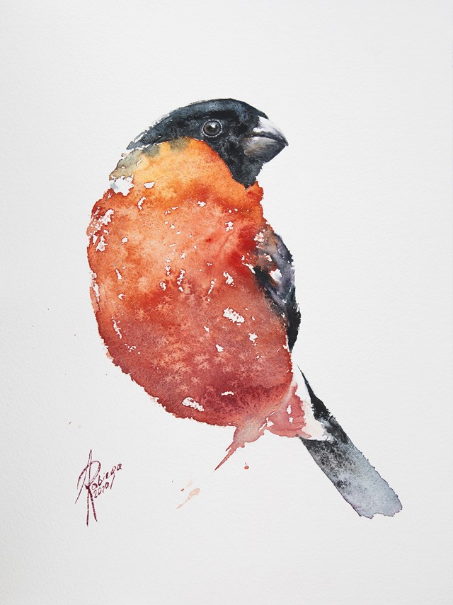 Living room painting by Andrzej Rabiega titled bullfinch