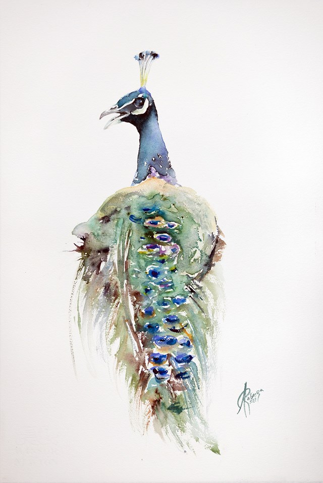 Living room painting by Andrzej Rabiega titled Peacock