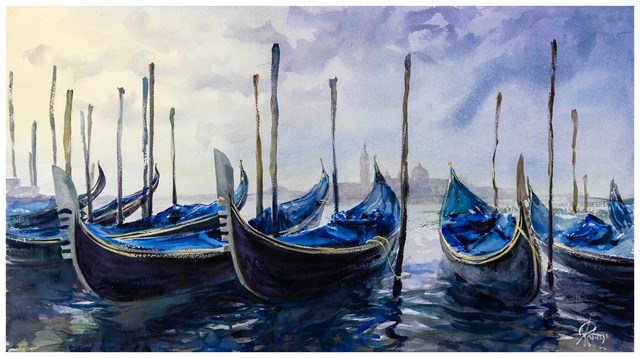 Living room painting by Andrzej Rabiega titled Venetian gondolas
