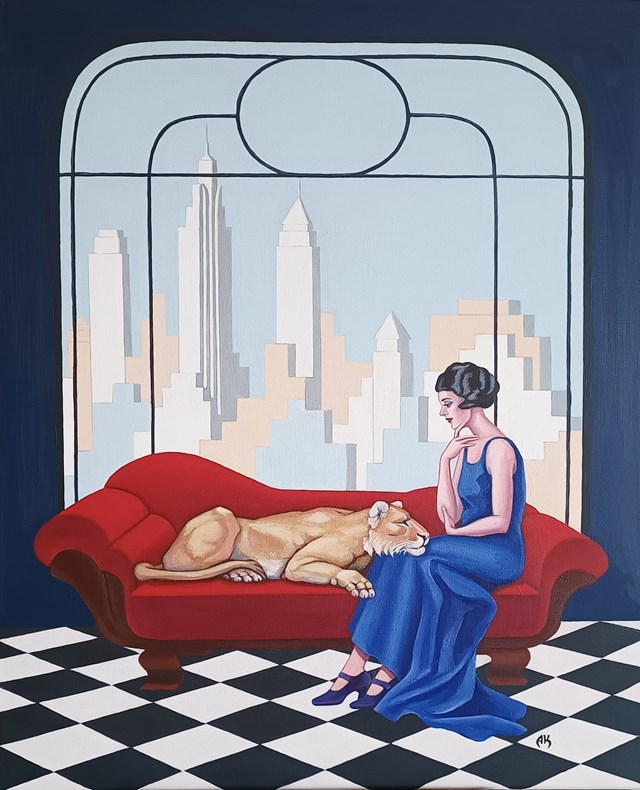 Living room painting by Anna Konikowska titled Manhattan Window. Lion.