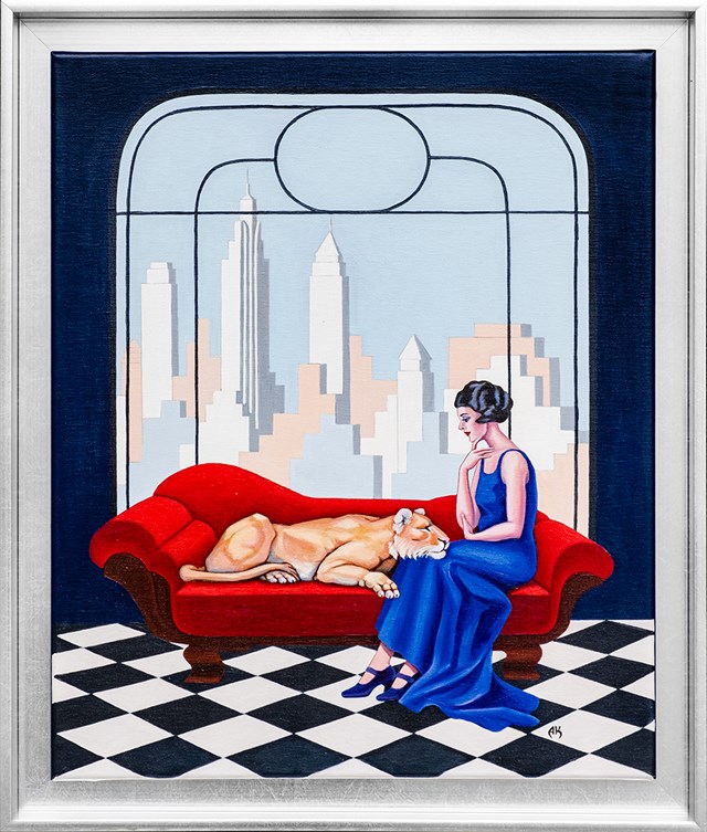 Living room painting by Anna Konikowska titled Window to Manhattan. Lion