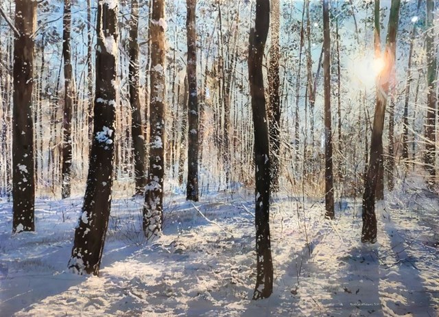 Living room painting by Beata Szustkiewicz titled Winter forest - March morning