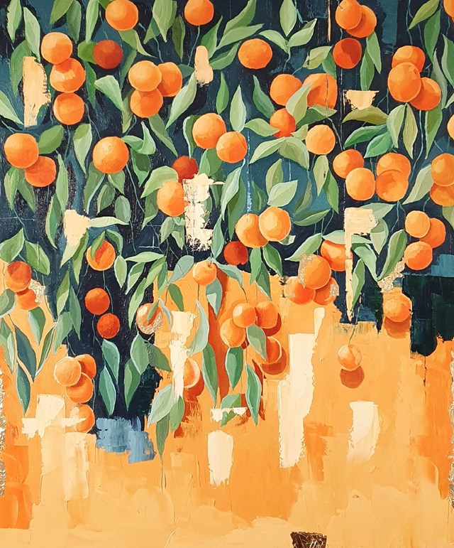 Living room painting by Zofia Wawrzynowicz titled Mandarins