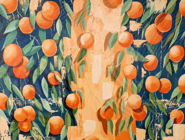 Living room painting by Zofia Wawrzynowicz titled Autumn oranges