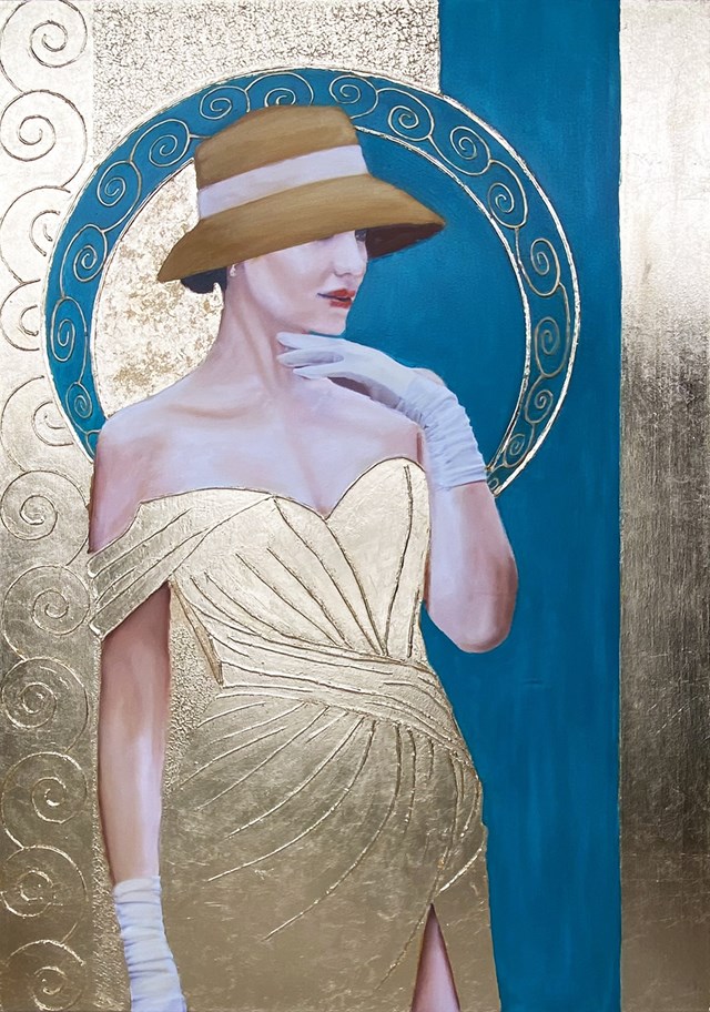 Obraz do salonu artysty Artem Tuliuk pod tytułem W żóltym kapeluszu (złoty z turkusowym)