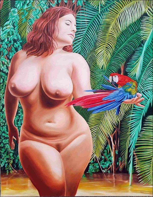 Living room painting by Tomasz Koper titled Girl with a parrot