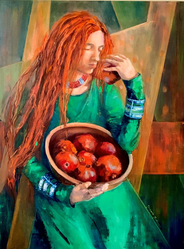 Living room painting by Jolanta Kurzela titled The girl with pomegranates
