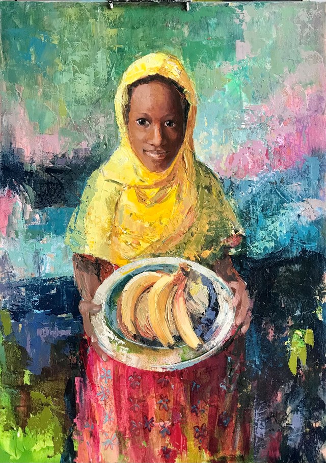 Living room painting by Iwona Anna Urbańska-Bać titled Girl with bananas