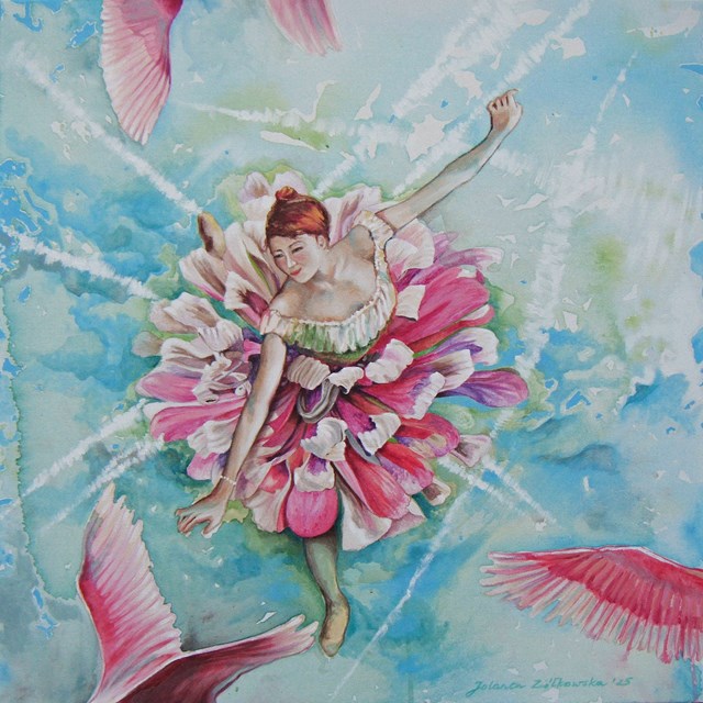 Living room painting by Jolanta Ziółkowska titled The Art of Flying from the Dialogue with Degas series
