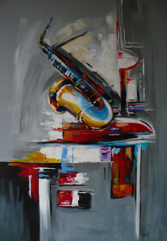 Living room painting by DOROTA ŁAZ titled Abstraction with a saxophone