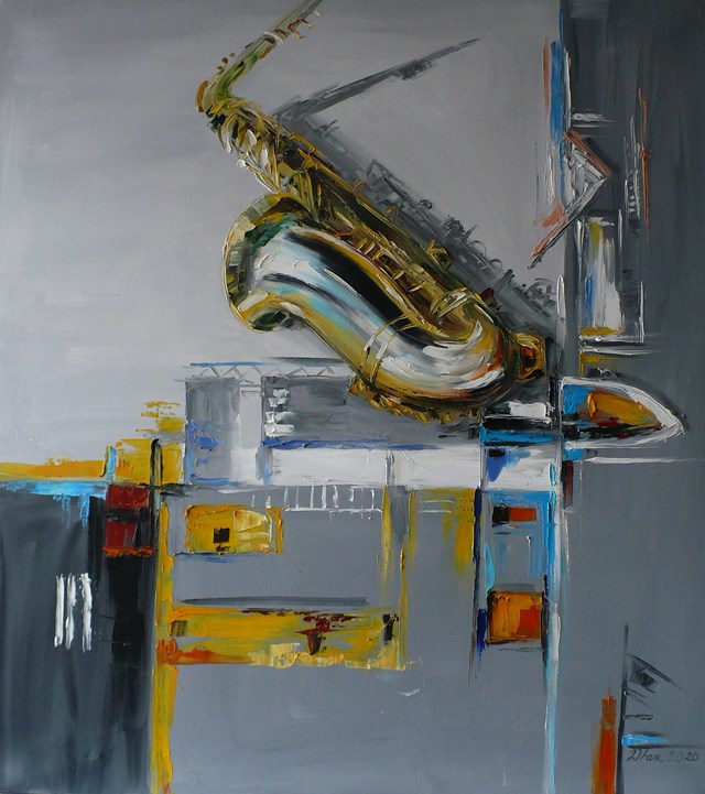 Obraz do salonu artysty DOROTA ŁAZ pod tytułem Szara abstrakcja z saksofonem