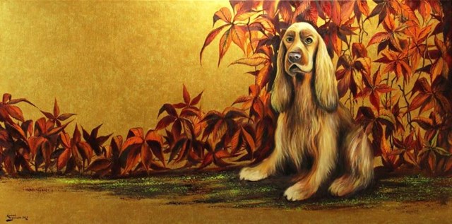 Living room painting by Konrad Hamada titled Golden Friend