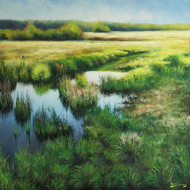 Living room painting by Konrad Hamada titled Wetlands in Spring