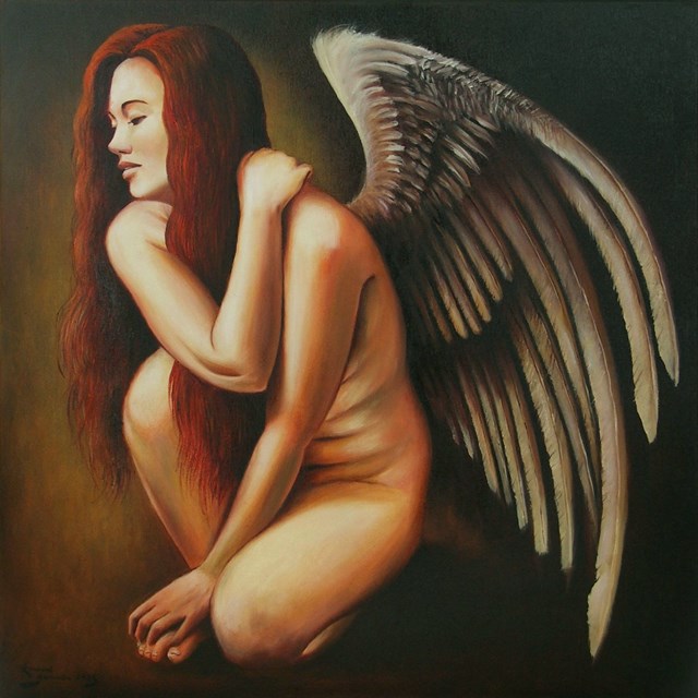 Living room painting by Konrad Hamada titled Red-haired Angel