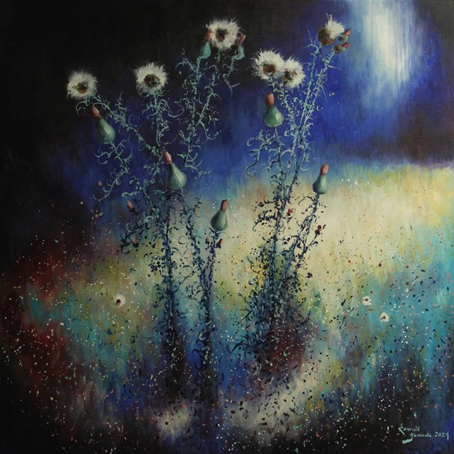 Living room painting by Konrad Hamada titled Thistles