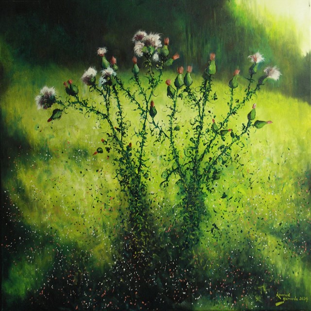 Living room painting by Konrad Hamada titled Thistles