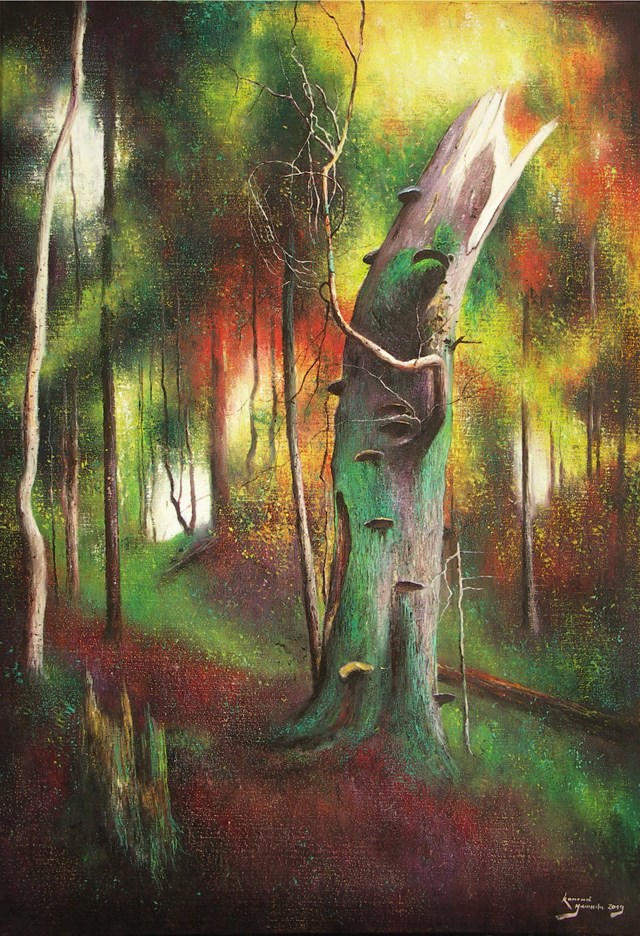 Living room painting by Konrad Hamada titled Forest Colors