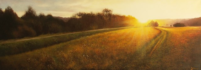 Obraz do salonu artysty Konrad Hamada pod tytułem Zachód słońca na łące