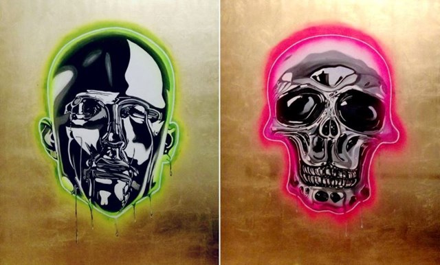 Living room painting by Magdalena Karwowska titled Neon Skull