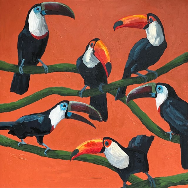 Obraz do salonu artysty Jędrzej Jarocki pod tytułem tukany - pomarańcz