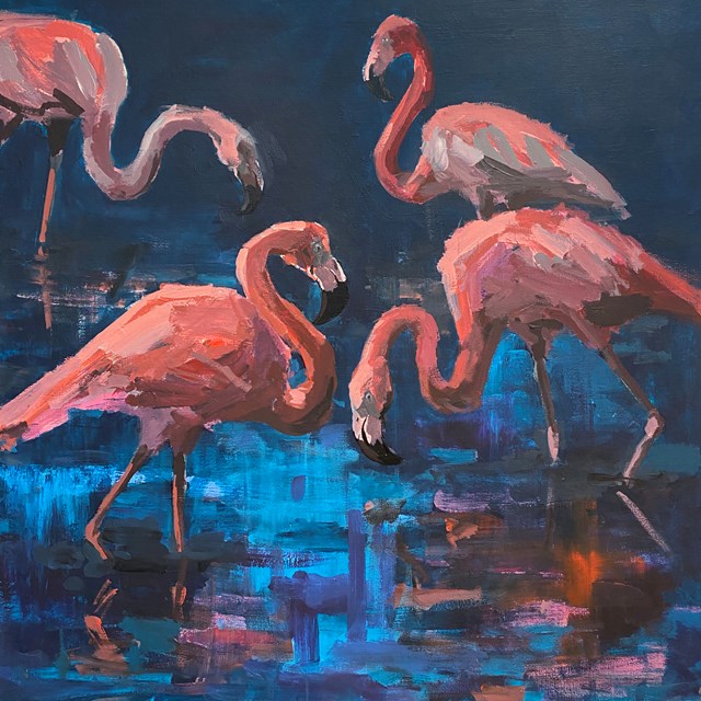Living room painting by Jędrzej Jarocki titled Flamingos - marine