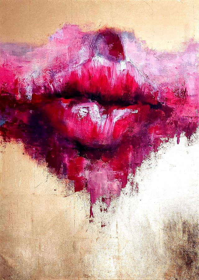 Living room painting by Michał Szumiński titled SHAME KISS