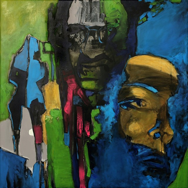 Living room painting by Krzysztof Musiał titled Nie przebierając w słowach