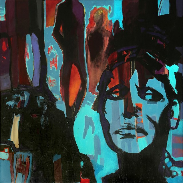 Living room painting by Krzysztof Musiał titled Poszukiwanie odpowiedzi