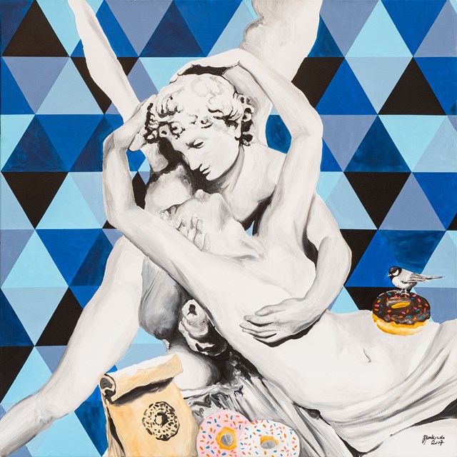 Living room painting by Zuzanna Jankowska titled You Were Not Supposed to Eat So Much, from the "21st Century Adventures" Series
