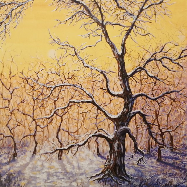 Living room painting by Agata Dutkiewicz titled Winter orchard