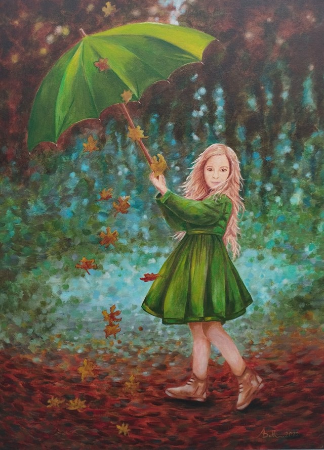 Living room painting by Agata Dutkiewicz titled Green umbrella