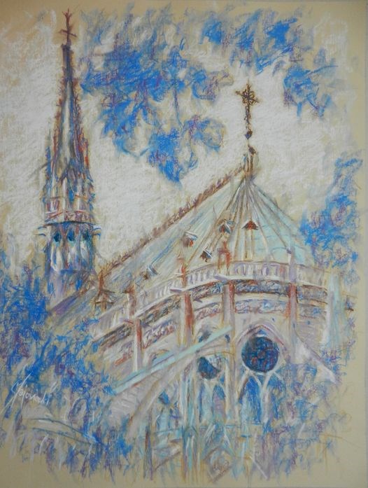 Living room painting by Janusz Gajowiecki titled "La cathédrale Notre-Dame de Paris II".