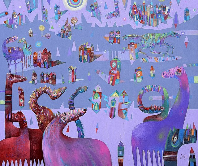 Obraz do salonu artysty Grzegorz Skrzypek pod tytułem wrzosowa ucieczka i tęskniące stadko