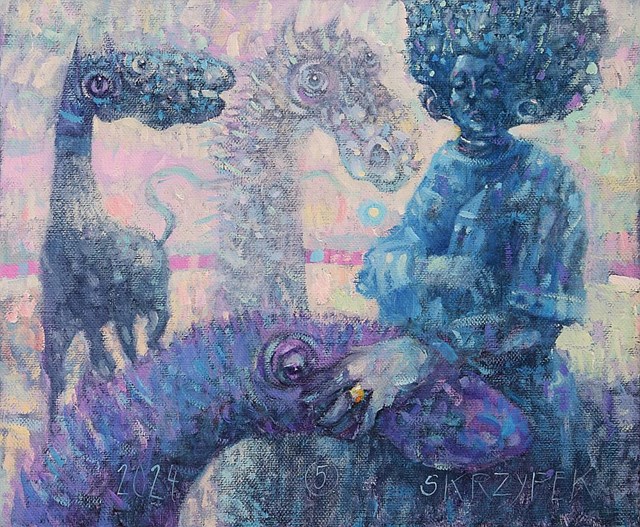 Living room painting by Grzegorz Skrzypek titled "Blue Collector"