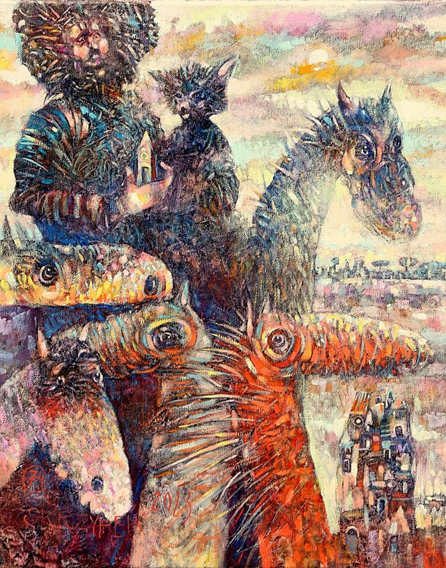 Living room painting by Grzegorz Skrzypek titled "Rider with a magic raccoon"